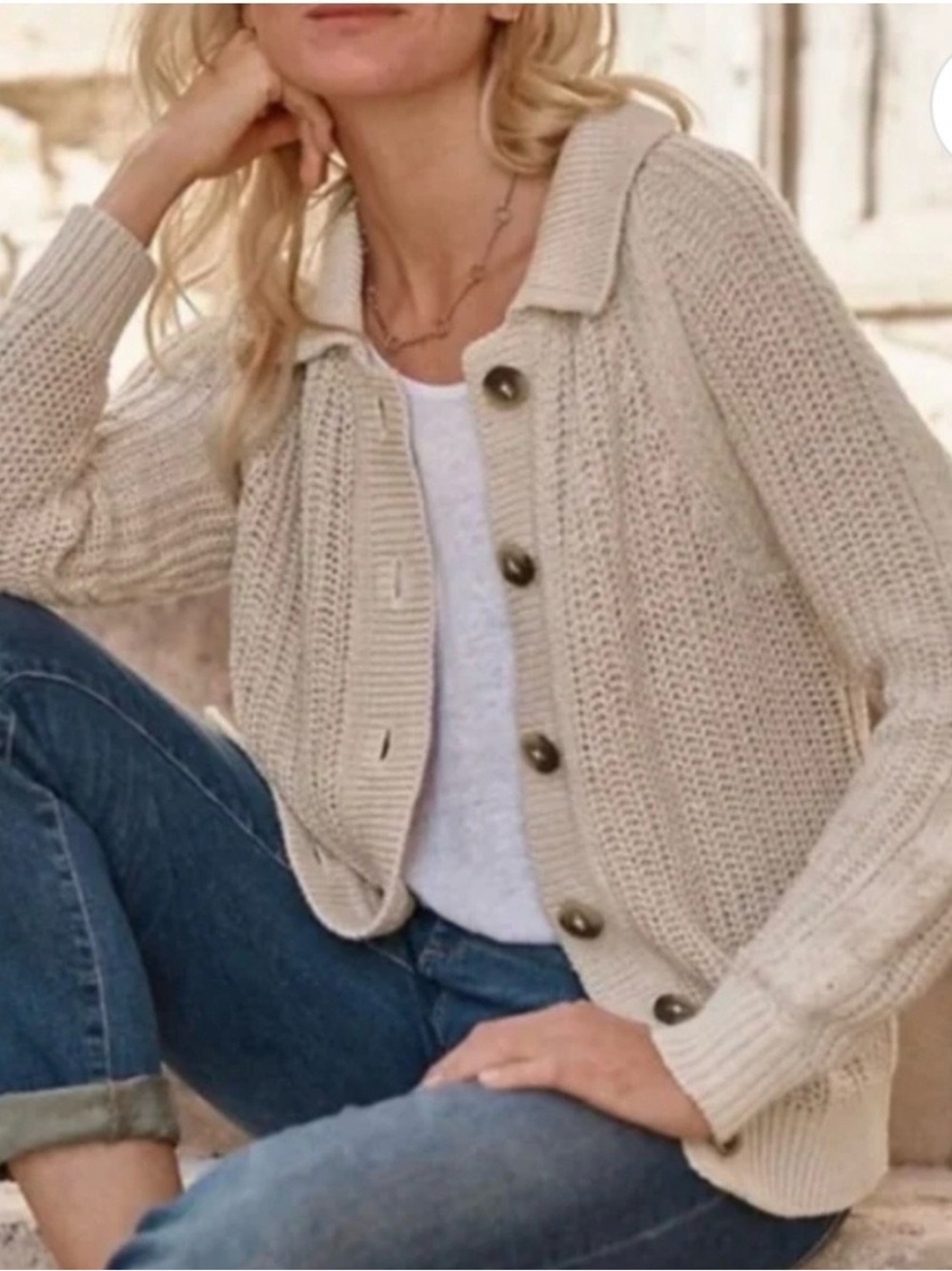 Garnet Hill Maren Linen Cotton Knit Collared Button Front Cardigan